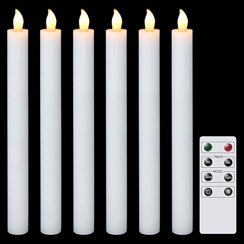 DRomance Velas cónicas blancas sin llama con control remoto y temporizador, paquete de 6 velas LED parpadeantes que funcionan con pilas, luz