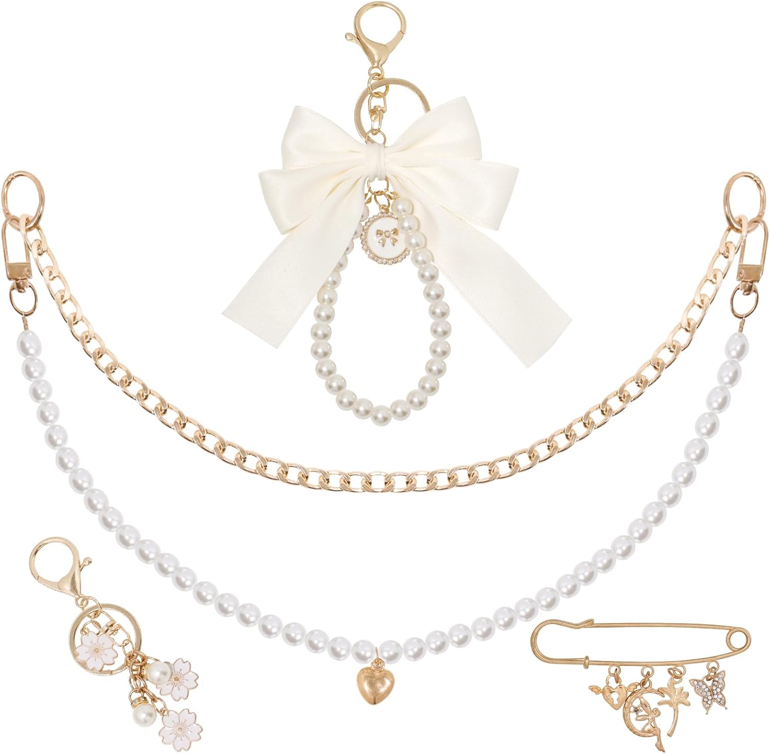 5 in 1 Gold Bag Charms for Handbags,Purse Charms,Pearl Flower Keychain Charm,Bag Accessories for Women Mom Wife,Love Heart Butterfly Pin Decoration