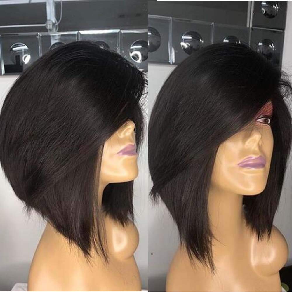 Short Bob Human Hair Lace Front Wig Glueless Brazilian Virgin Silky Straight Hair Wigs with Baby Hair for Black Women 130 Density SIde Part Natural Color Lace Wig (12", lace front wig)