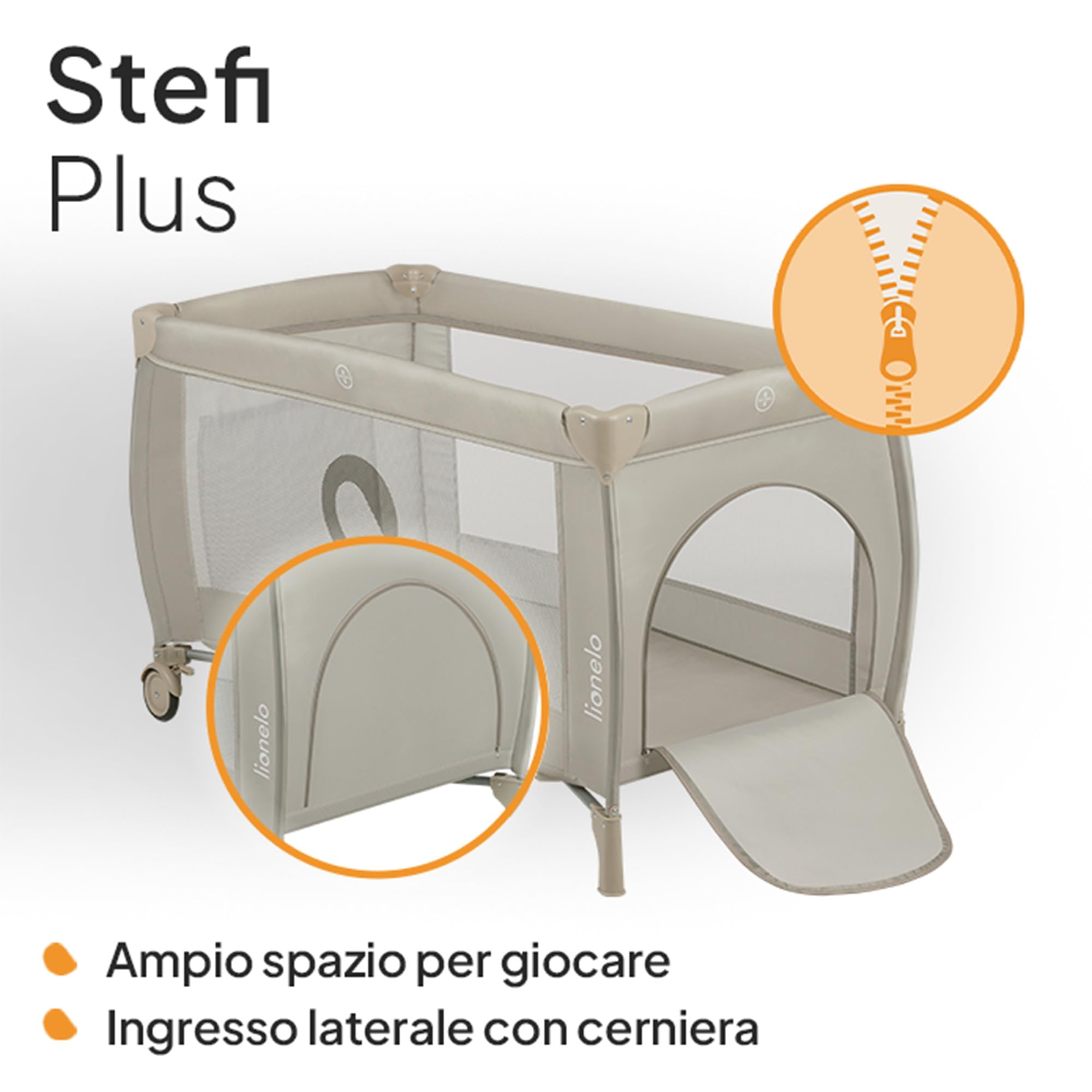 LIONELO STEFI PLUS Lettino da Viaggio Pieghevole 129x71x77cm per Bambini 0-3 Anni con Materasso 2 Livelli
