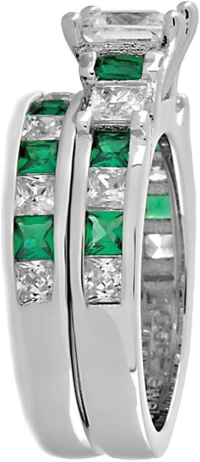 Olympia: 4.35ct Simulated Emerald n Russian IOF CZ 2pc Bridal Wedding Ring Set Silver, 3023