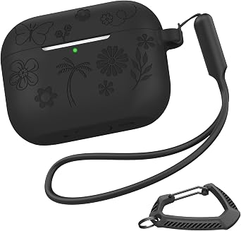 MILPROX for AirPods Pro 3 Case 2025, Silicone Engraved Flower for AirPod Pro 3 Case, Beautiful Pretty Floral Soft Cover with Keychain/Strap,Aesthetic Girlish Girly Design for Women Girls - Black