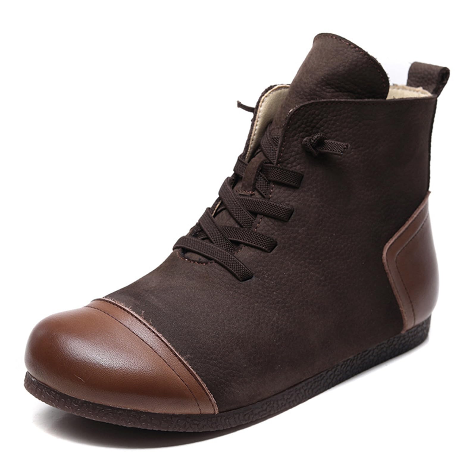 KSEDT Women's Leather Two-Tone Slip on Flat Ankle Boots Retro Round Toe Ethnic Style Barefoot Boots Non Slip Soft Sole Slouchy Booties