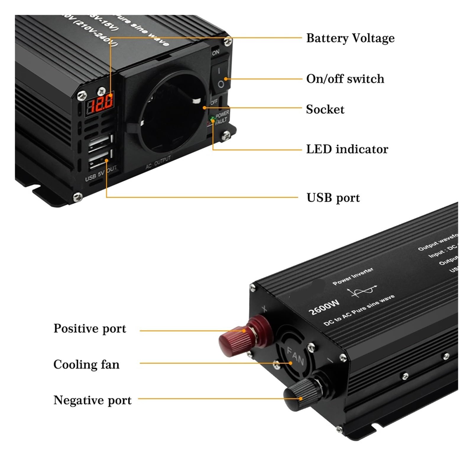 Inversor Foval de onda sinusoidal pura 12V 220V 1500/2200/2600W UE/Universal Convertidor potente para autocaravana, viaje al aire libre (1000W,12V_220-230V_Universal)