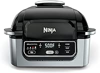 Ninja Foodi 4-in-1 Indoor Grill & Air Fryer with 500°F Cyclonic Grilling Technology, 4-Qt Capacity, Black/Stainless, Smoke Control System, Roast-Bake-Air Crisp Function, Dishwasher Safe Parts