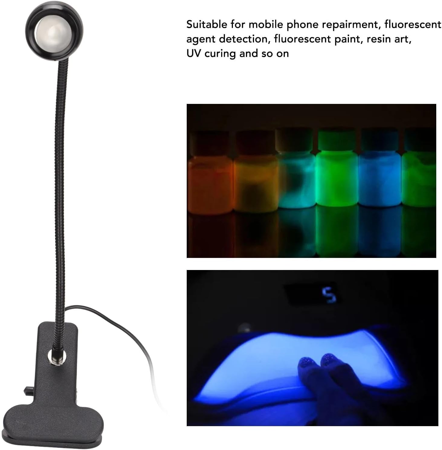 3W 395NM Flash Cure Nail Lamp, LED DC3-5V Gel X Lamp, Flexible 360 Degree Gooseneck Nail with 11.81in Gooseneck Tube and 5.12in Cable for Repairing Phones and Nail Art