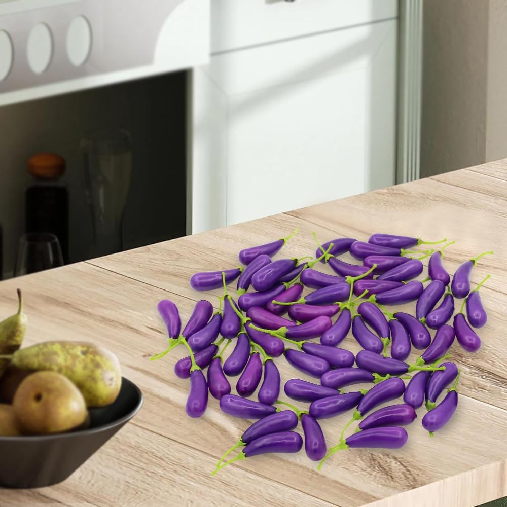 60 PCS Fake Eggplant Mini Simulation Plastic Foam Artificial Vegetable Lifelike Eggplant Model Christmas Home Decor Realistic Eggplant Photography Props Decorations Party Holiday