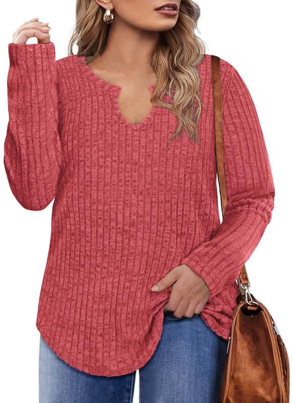 TIYOMI Plus Size Tops for Womens Lightweight Sweaters Long Sleeve Shirts Solid Round V Neck Tunics Casual Fall T Shirt XL-5XL