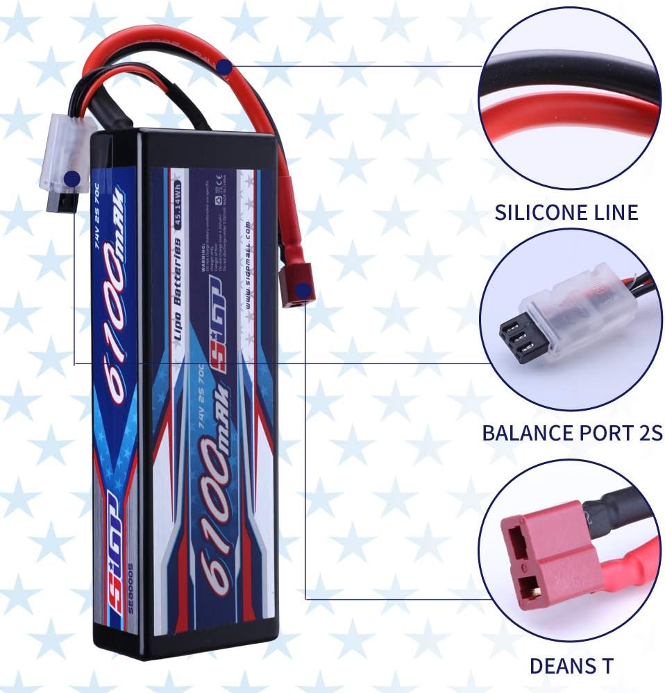 2S Lipo Battery 7.4V 6100mAh 70C Hard Case with Deans T Plug for RC Car Truck Boat Vehicles Tank Buggy Racing Hobby
