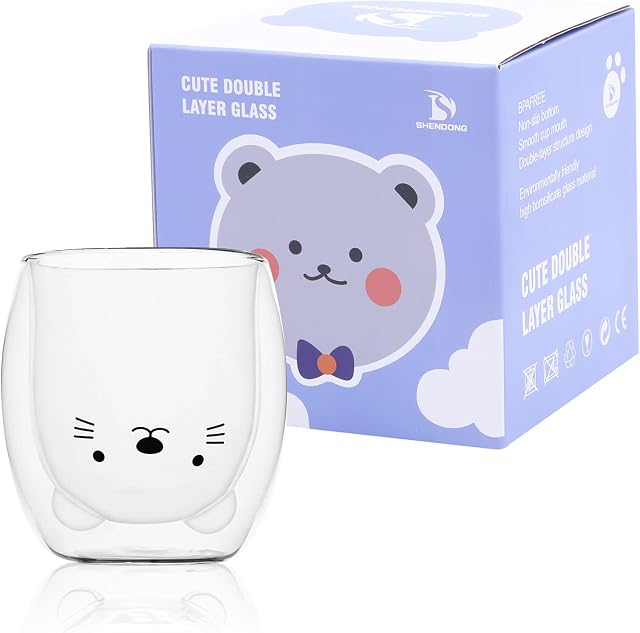 SHENDONG Cute Cat Mugs Cute Cups Cat Tea Coffee Cup Double Wall Insulated Glass 250ml/8.4oz Milk Cup Gift for Personal Birthday Valentine's Day and Office (Cute Mugs Cat)