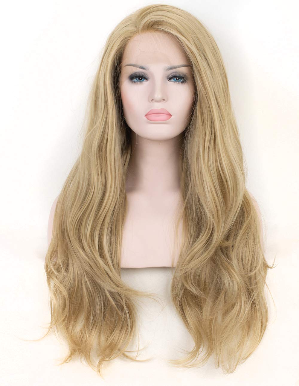 K'ryssma Natural Looking Ash Blonde Glueless Lace Front Wig Long Wavy Half Hand Tied Replacement Synthetic Hair Full Wigs Heat Resistant For Women 24 Inches