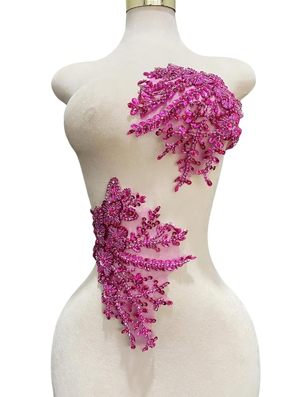 MOPISVN Pure Handmade Bodice lace Rhinestones Applique Sewing Stones Beads Crystal Trimming Patches Accessories for Weding Dress Decorations 1 Pair/Set 7.4X13.7inches (Rose red) by MOPISVN - Used condition - US$8.88