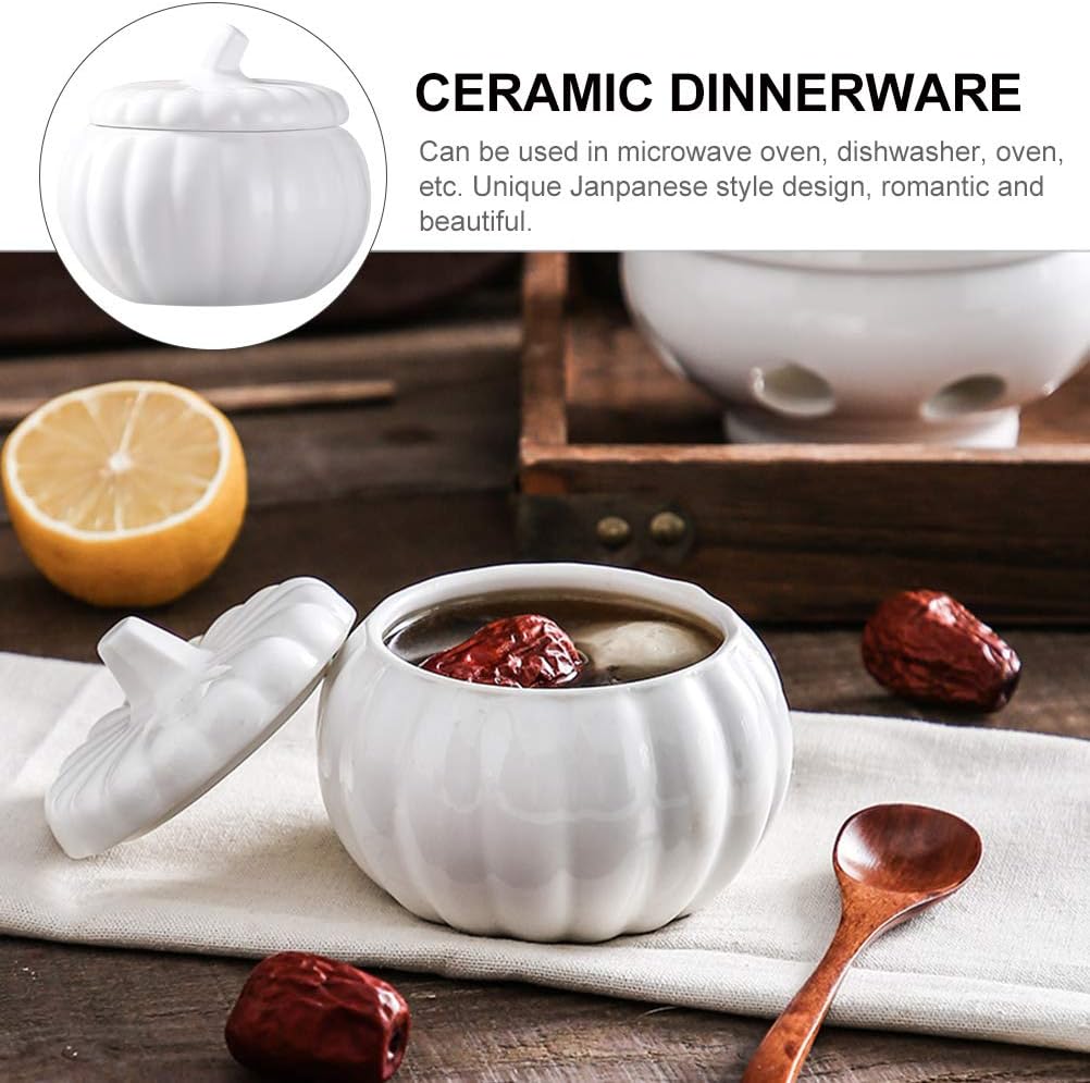 BESTonZON Ceramic Pumpkin Soup Bowl with Lid 4.13 Inch Covered Stew Soup Bowl Porcelain Serving Dish for Pumpkin Desserts and Stews Kitchen Dinnerware