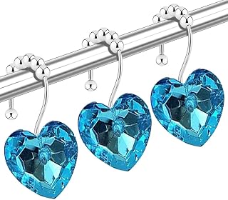 Diamond Shower Curtain Hooks, 12-Pack Heart Shaped Crystal Shower Rings, Decorative Bathroom Hangers for Valentine's Day, Bling Blue Fancy