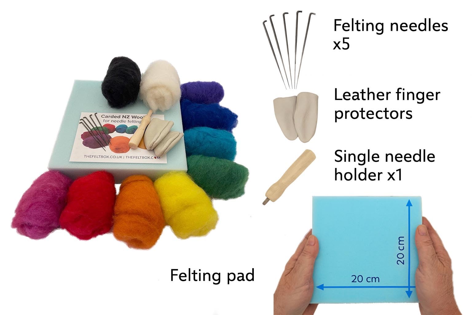 The Felt Box 【Bestes Nadelfilz-Starter-Kit enthalten】 Beste Nadelfilzwolle für Anfänger - kardierte Schläger, Filznadeln, Schaumstoffmatte mit hoher Dichte (10 Farben, 100 g insgesamt)