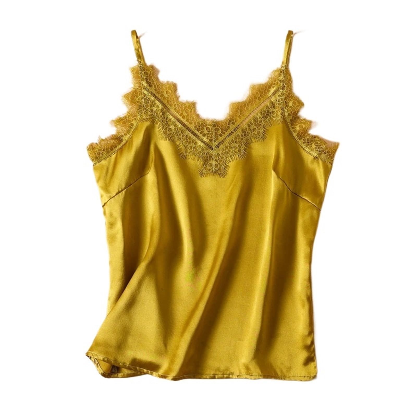 Camisola De Seda Camiseta de Tirantes Seda con Retazos Encaje for Mujer, Top satén sin Mangas Cuello en V for Verano