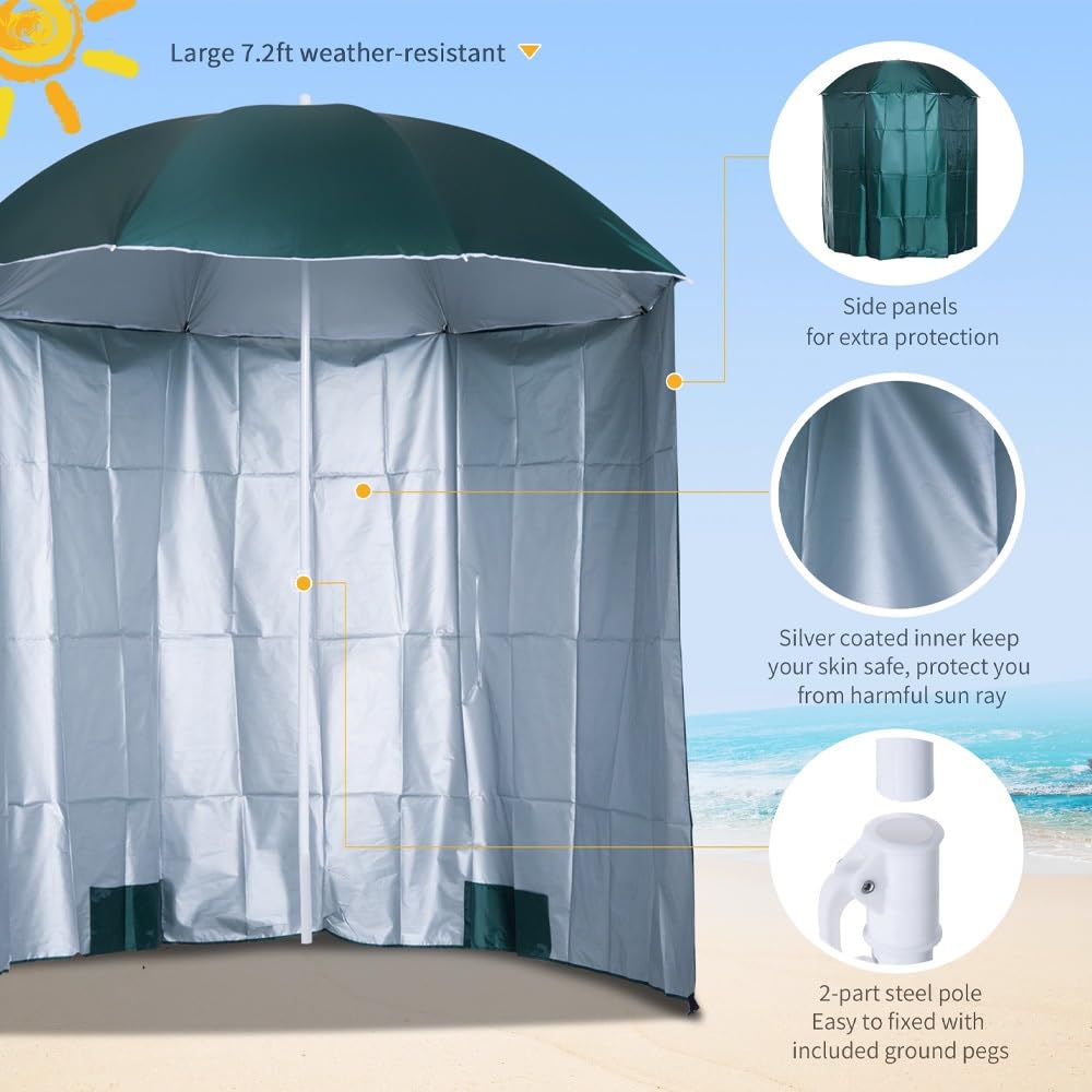 Parasol de Plage Anti-Vent Marin 220 cm, Parasol de Exterieur avec paroi latérale Amovible, Abri Parapluie pour Le Soleil(Green)