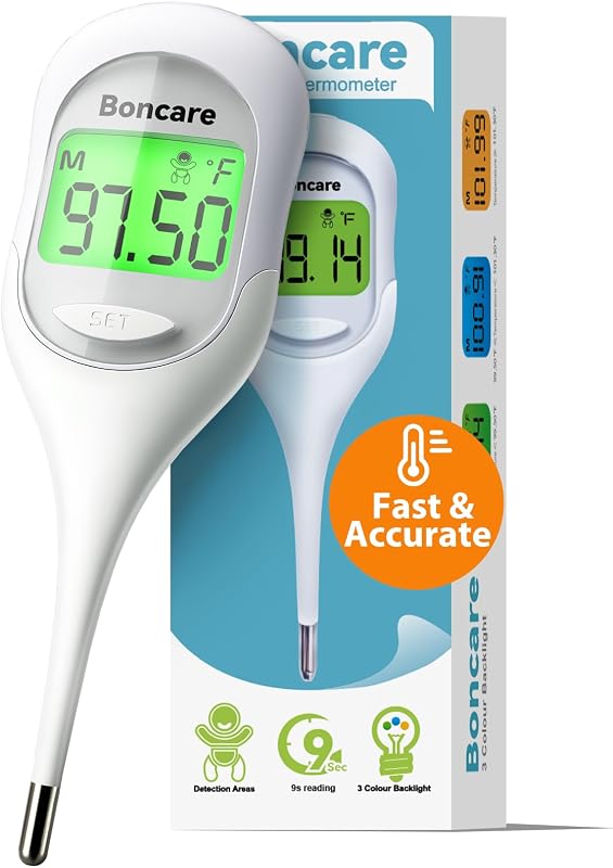 Boncare 9 Seconds Basal Body Thermometer for Ovulation (Rice-White) | Oral Thermometer for Adults and Kids - Accurate Rectal Thermometer, with Fever Alarm and Large Display