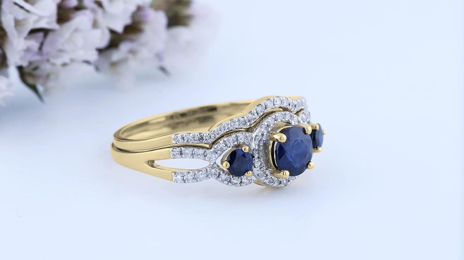 Dazzlingrock Collection 5.5 mm Round Center Gemstone & White Natural Diamond 3 Stone Halo Bridal Engagement Ring Set for Women in 14K Yellow Real Solid Gold