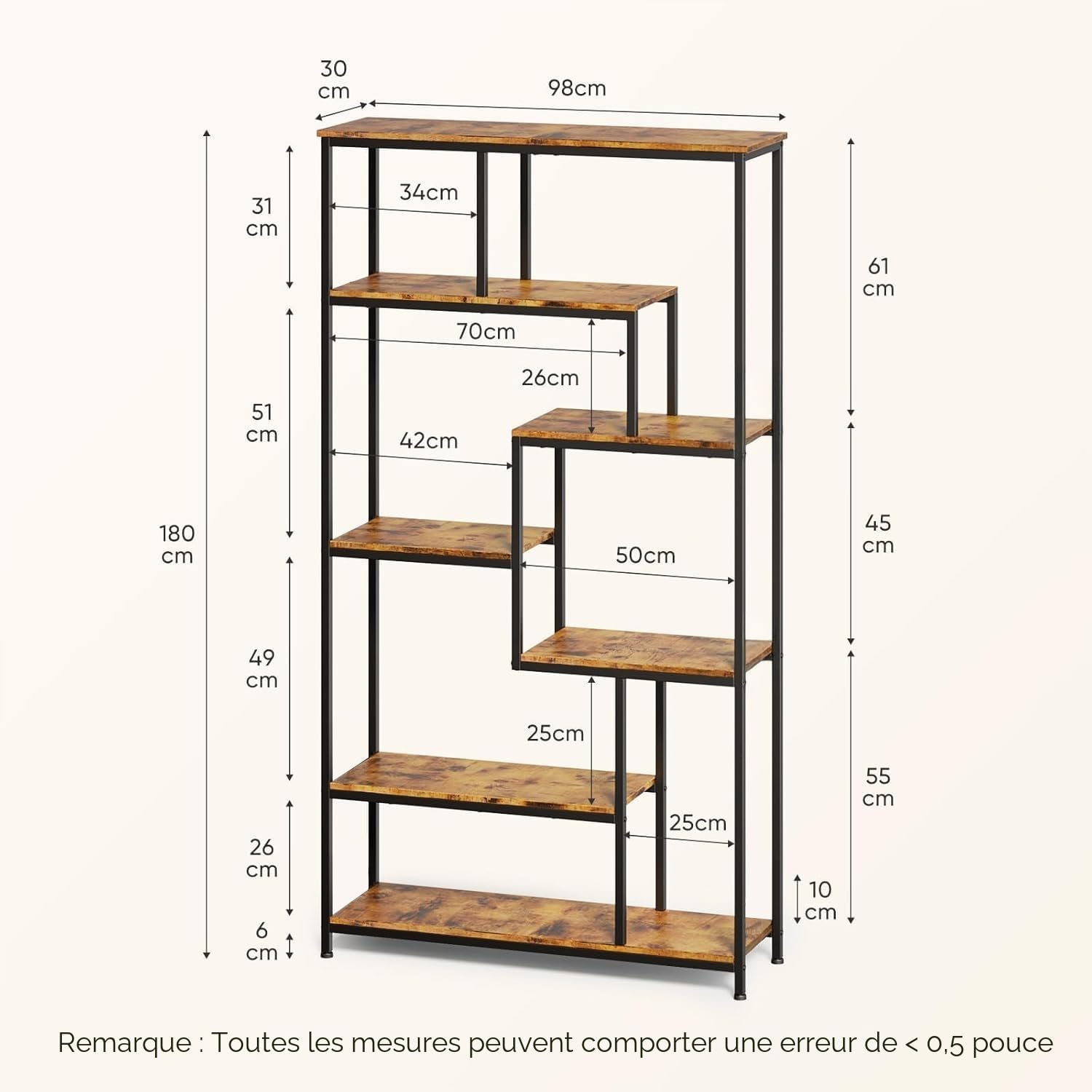 Bealife Bibliotheque, Étagère de Rangement avec 5 Étagères, Bibliothèque Ouverte pour Bureau, Salon, Chambre, Cuisine, 30 x 98 x 180 cm, Rétro