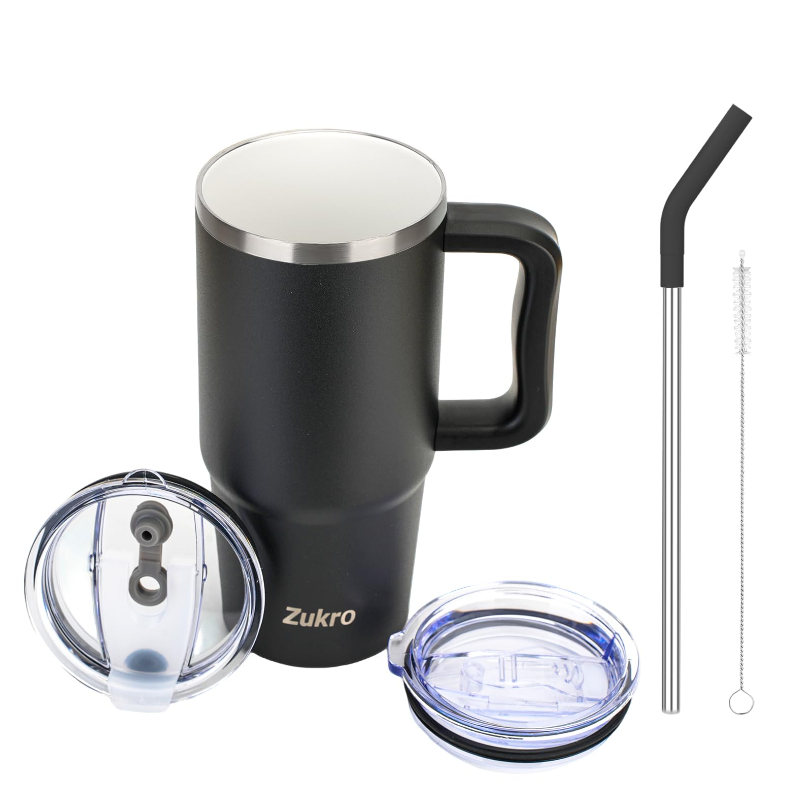 Zukro 24 oz Ceramic Lined Insulated Tumbler with Handle and Straw, No Metal Taste or Smell, Travel Coffee Mug with Spillproof Lids, No Sweat Stainless Steel Cup, Dishwasher Safe, Black