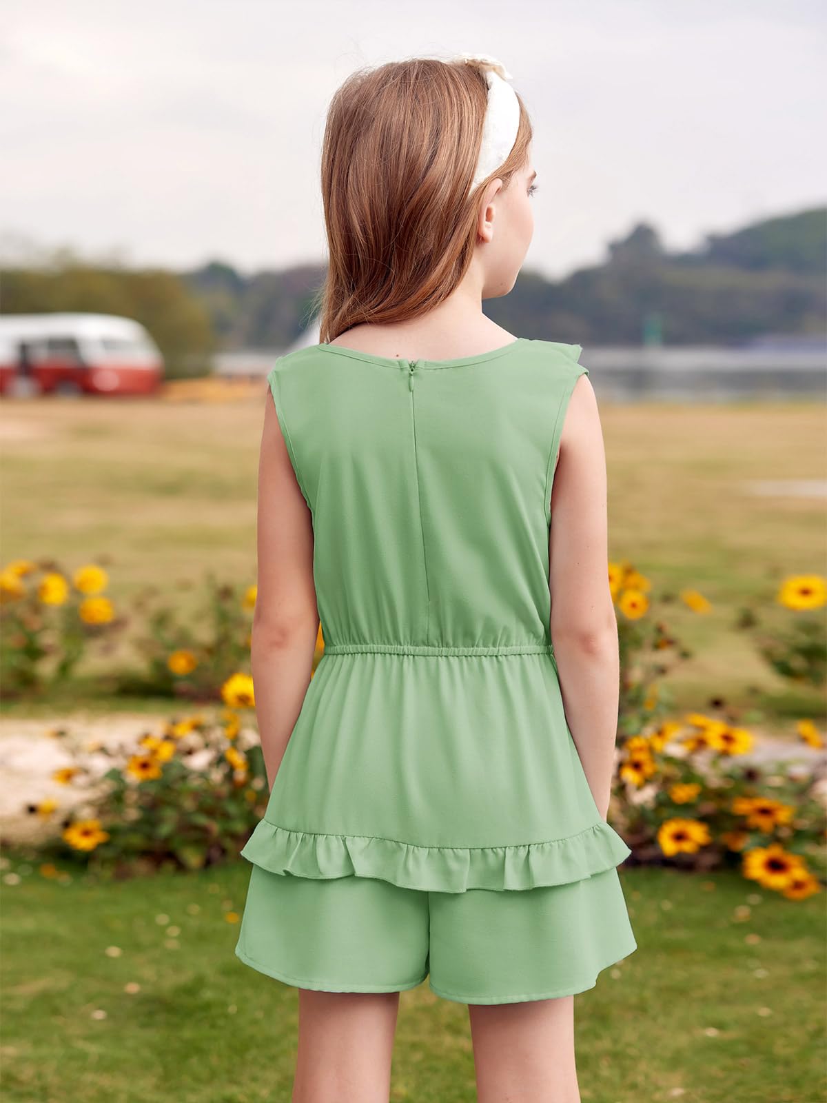 Haloumoning Tuta da bambina con orlo a volant, vestibilità larga, senza maniche, per bambini, estiva, casual, con tasche