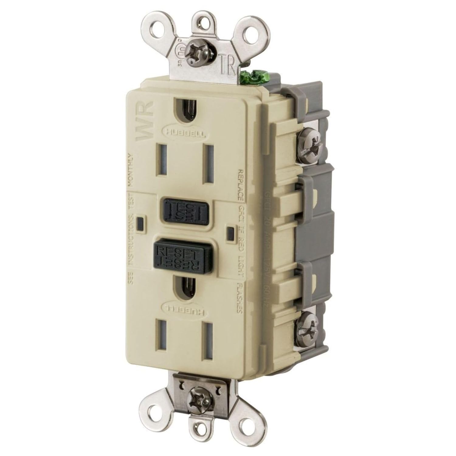GFCI Receptacle, 15A, 125VAC, 5-15R, Ivory