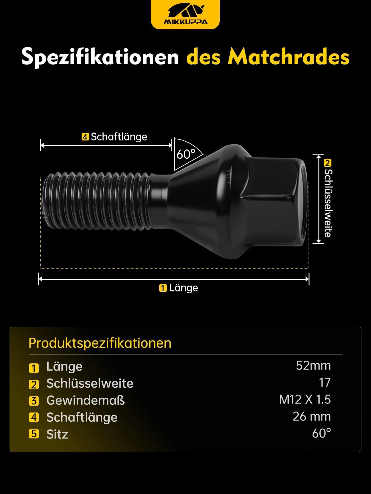 MIKKUPPA bulloni per ruote M12 x 1,5 26 mm sede conica 60° chiave 17 mm Nero
