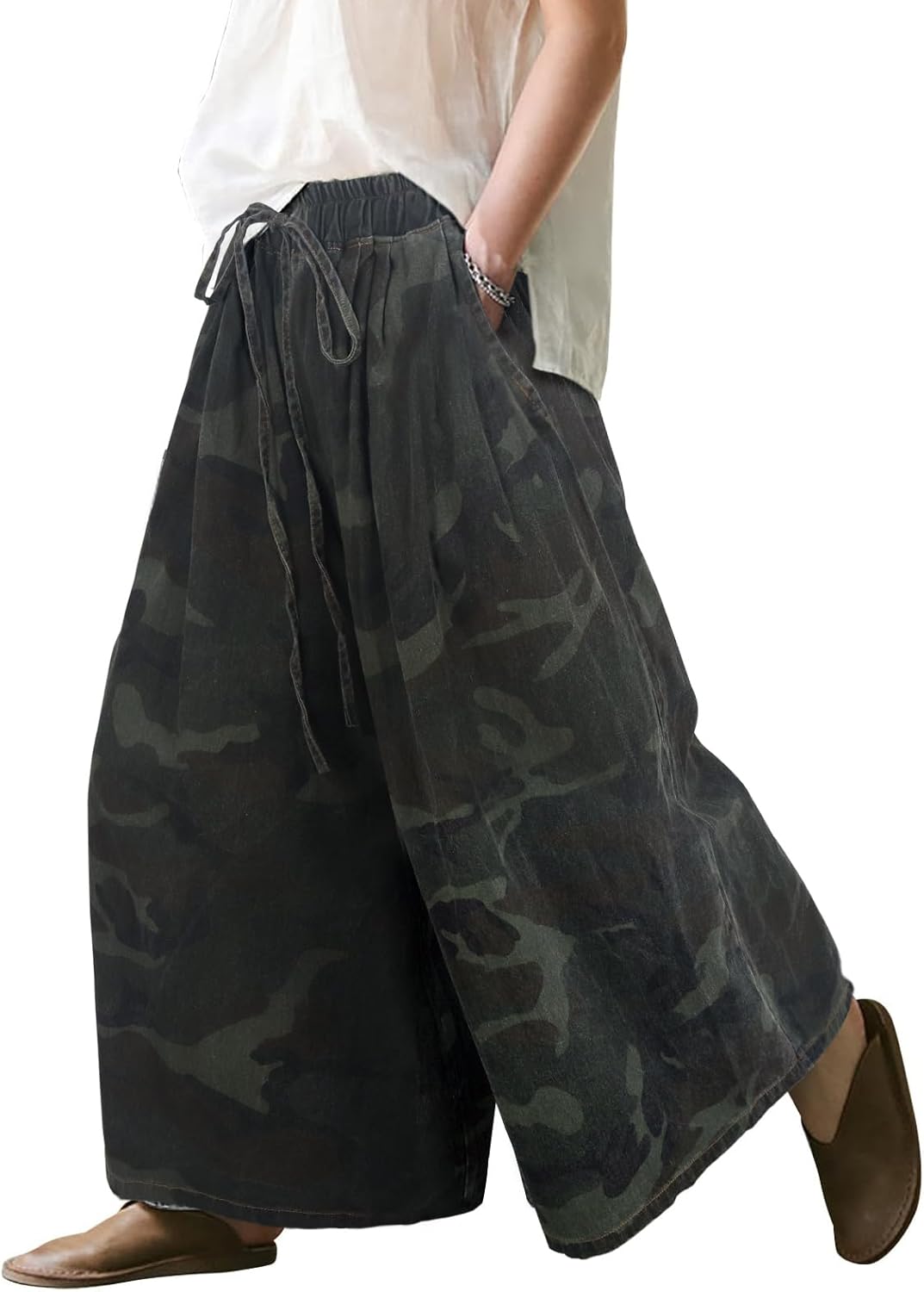 UQJE Women's Wide Leg Baggy Jeans Plus Size Loose Elastic Waist Denim Pants with Deep Pockets Light Blue