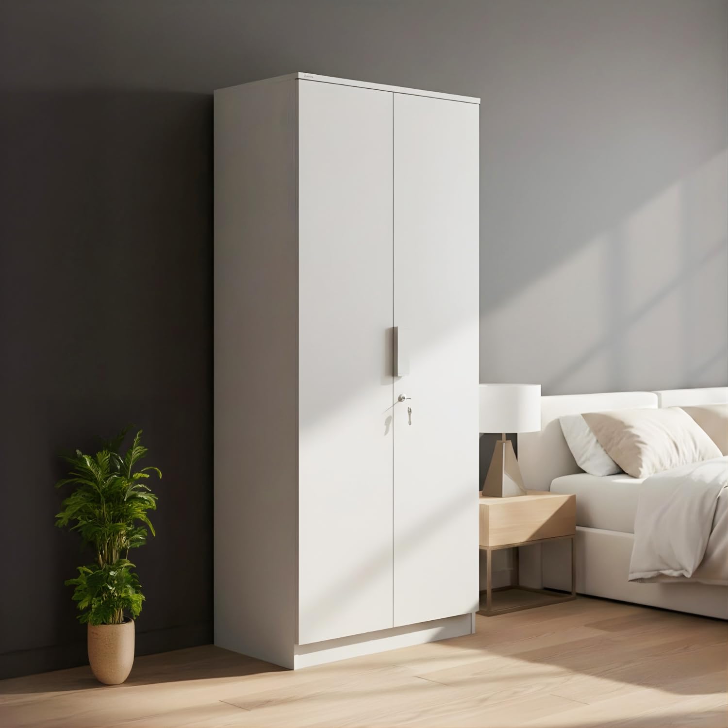 Nilkamal Joyce 2 Door Wooden Wardrobe for Bedroom | Almirah with 3 Shelves & 1 Hanging Rod| Clothes Cupboard | Engineered Wood | Frosty White