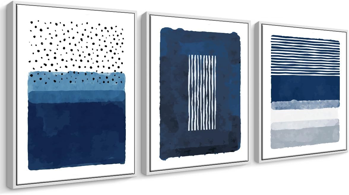 Creoate Framed Wall Art, 3 Pieces Abstract Blue and White