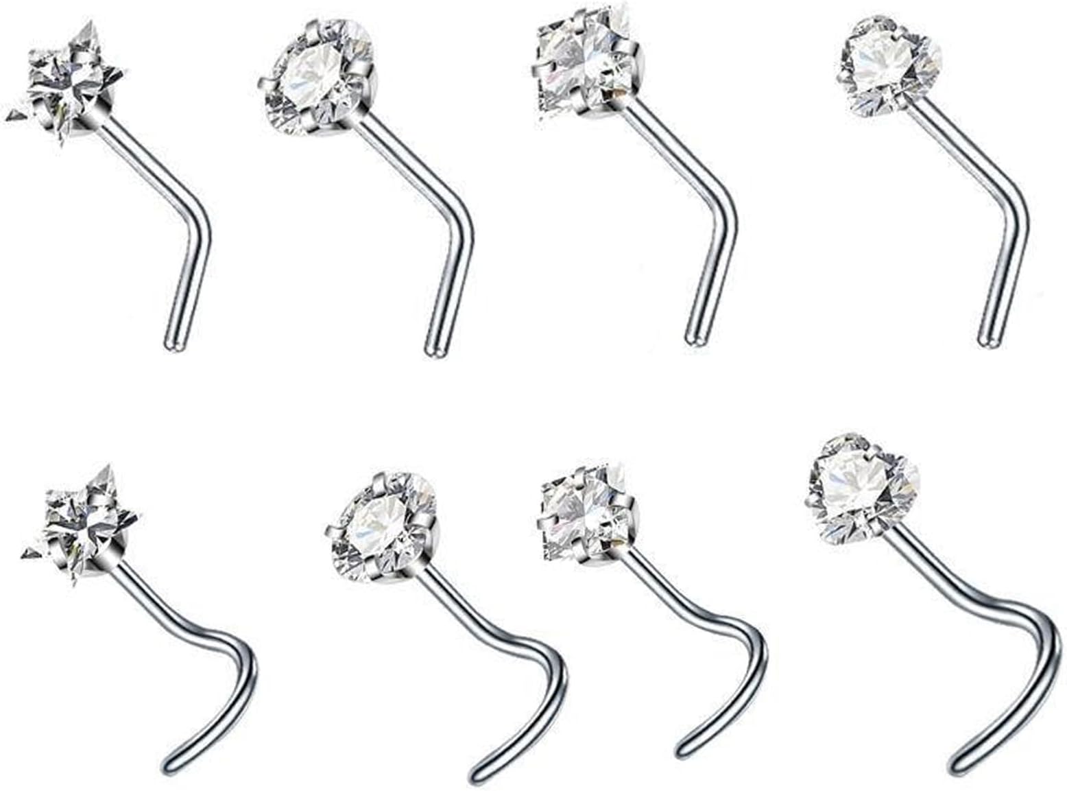 8 PCS Nose Studs Sterling Silver, Silver Nose Stud, Silver Stainless Steel Nose Piercing Jewellery with Cubic, Small Nose Studs for Daily Wear Party Dating Suitable for Women Men Jewellery Piercing