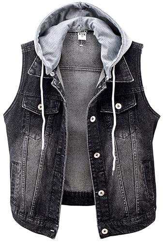 Kedera Women's Distressed Sleeveless Denim Vest with Detachable Hoodie
