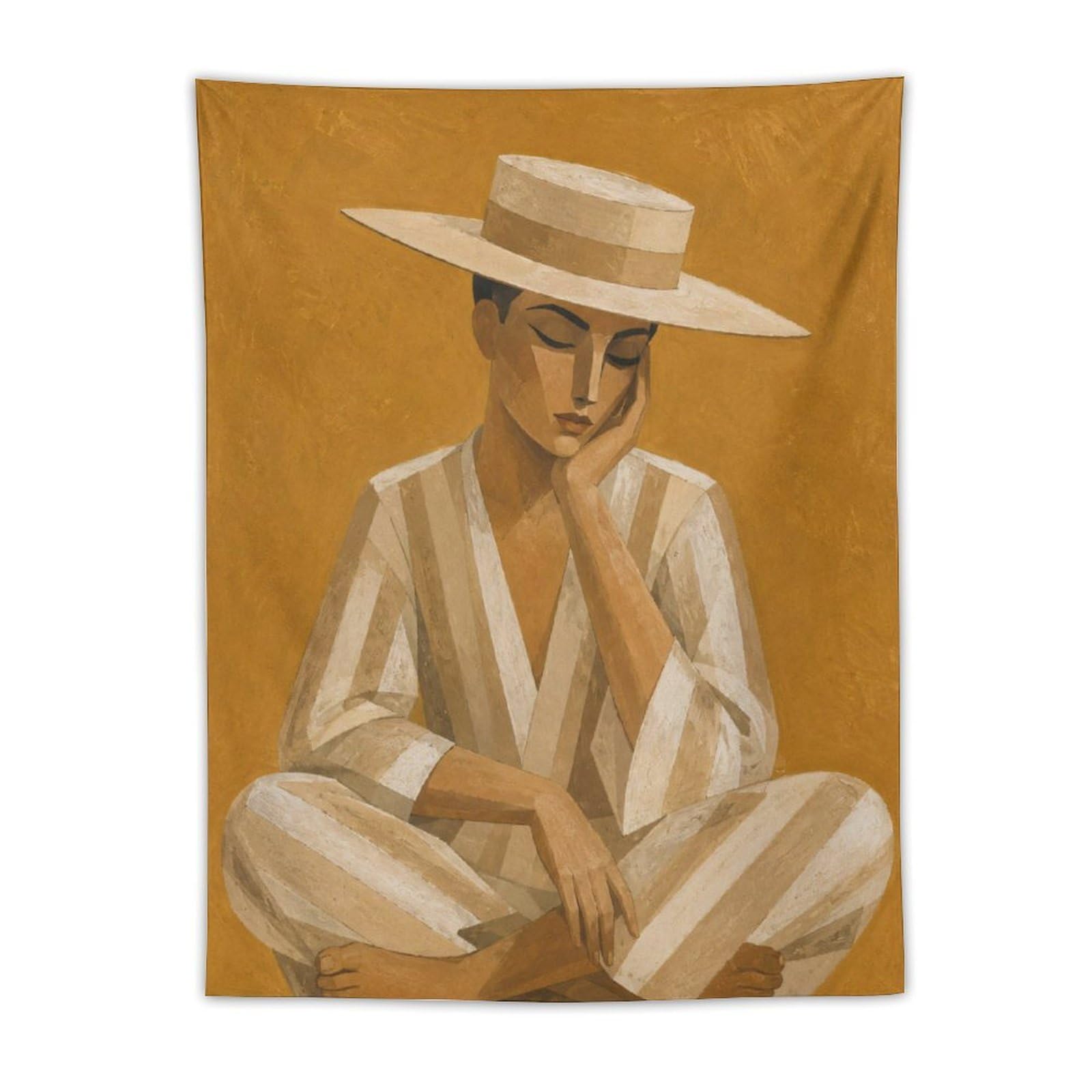 W7C8U2X3 Man in White Hat Wall Tapestry, Geometric Art Style, College Dorm