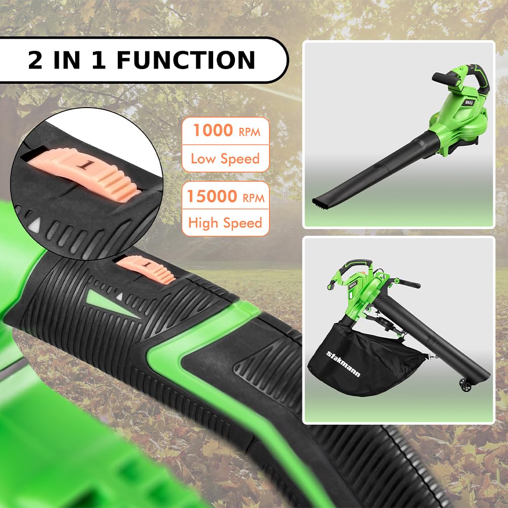 Bakaji 3-in-1 electric leaf vacuum cleaner, leaf blower, 270 km/h air speed, 45 litre collection bag and 10:1 shredding speed help clean your yard efficiently Bakaji 3-in-1 electric leaf vacuum cleaner, leaf blower, 270 km/h air speed, 45 litre collection bag and 10:1 shredding speed help clean your yard efficiently