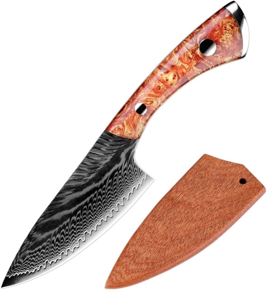 Meat Cleaver,Cleaver Knife 5 Inch Sharp Japan Damascus Steel Meat Cleaver With Wooden Sheath Small Kitchen Chef Knife Portability Utility Fruit Fish Knife
