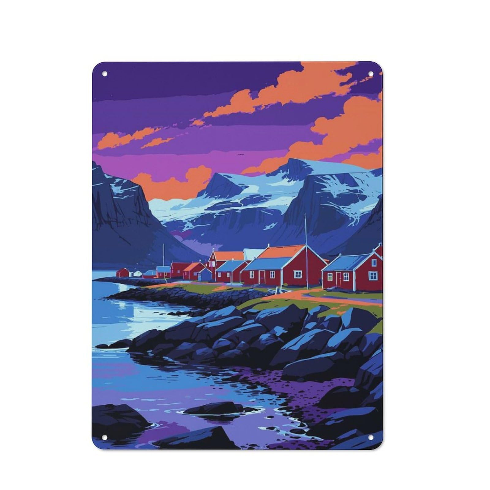 Junmoney Style-16 Weathered Look Coastal Village Landscape With Mountains Metal Wall Sign 40X30cm, Shed Wall Plaque For Tool Room, Garage, Studio Or Home Bar
