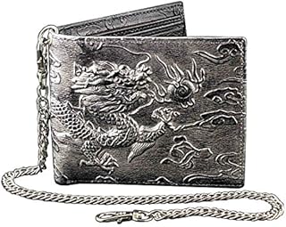 Mens Dragon Vintage Silver Grey Leather Wallet Card Holder Purse with Chain