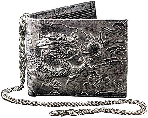 Mens Dragon Vintage Silver Grey Leather Wallet Card Holder Purse With Chain