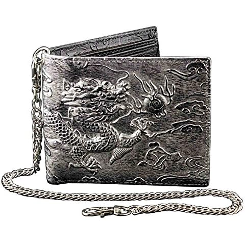 Mens Dragon Vintage Silver Grey Leather Wallet Card Holder Purse With Chain Cover