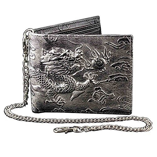 Punkman2000 Mens Dragon Vintage Silver Grey Leather Wallet Card Holder Purse With Chain cover