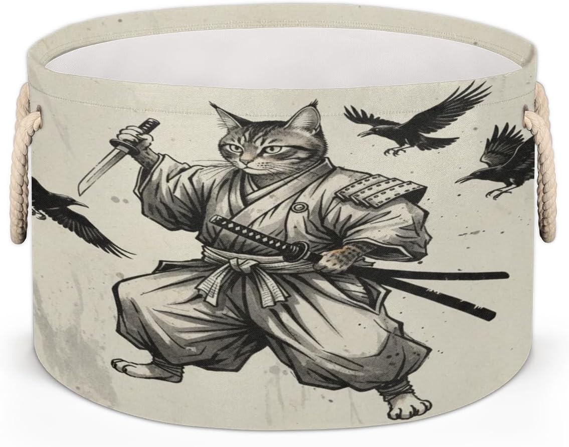 Large Storage Baskets - Samurai Japanese Cat Nursery Round Collapsible Organizer Bin Box - Laundry Hamper for Kids Toys, Blanket, Bedroom Living Room Home Decor, Gift Basket, 19.4"x13.3"