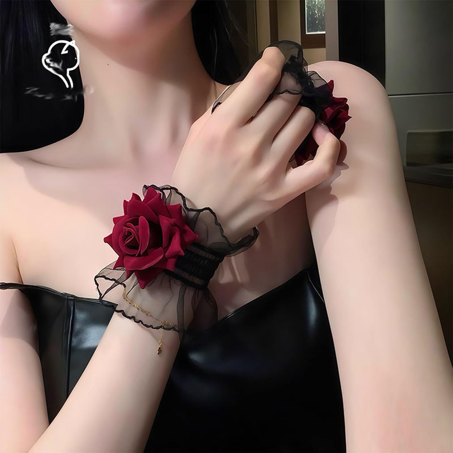 Rose Lace Gloves and Black Hand Fan Lace Rose Handheld, Wine Red Flower Wrist Cuff Dress Accessories for Wedding Party Show Cosplay Photo Props Decorations