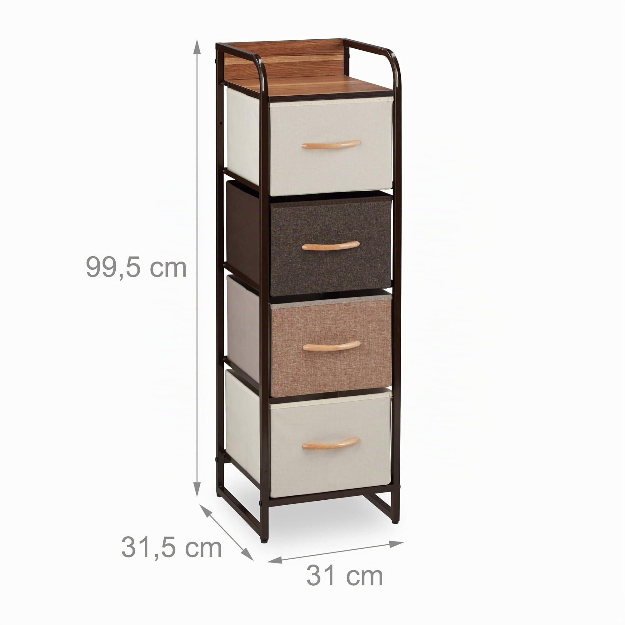 relaxdays Cassettiera con 4 Scomparti in Tessuto, Sottile, con Maniglie, ripiano, 99,5 x 31 x 31,5 cm, Marrone Mobiletto con 4 Tiretti Pieghevoli, HLP, Acciaio, Poliestere, Pannelli MDF, f