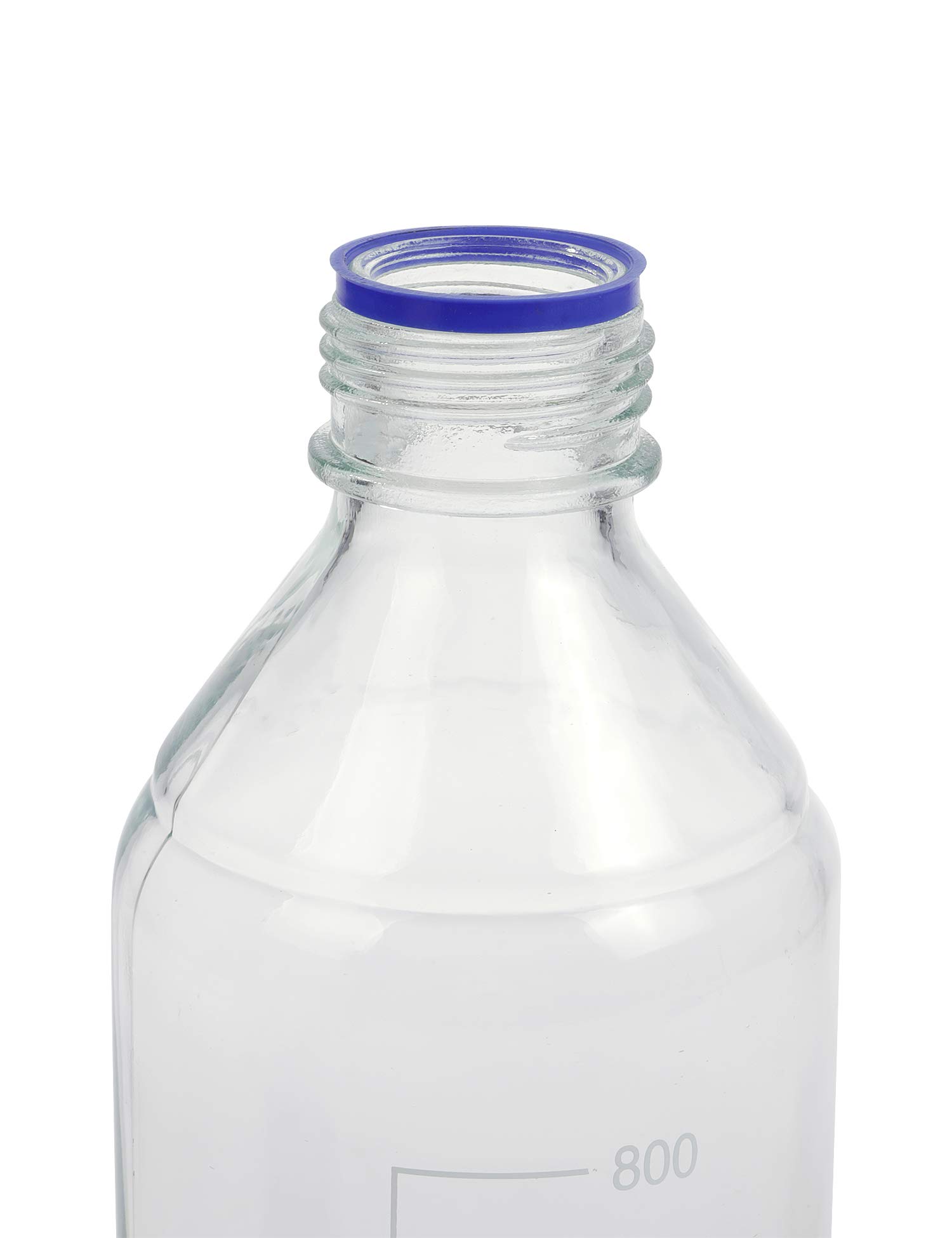 Pyrex - Paquete de 4 botellas de vidrio redondas graduadas de 1000 ml con tapón de rosca de polipropileno azul GL45