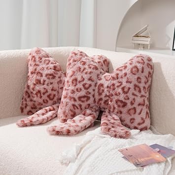 2Pcs Leopard Print Bow Throw Pillow Furry Bow Plush Pillows Cute Flower Plush Pillow Cheetah Home Decor Stuffed Bow Lumbar Pillow for Bed Couch Living Room Decor Pink, 16in