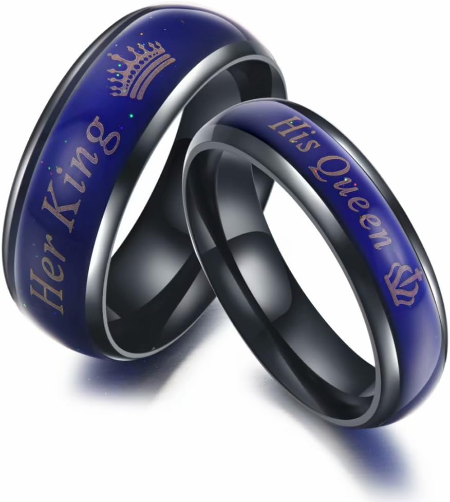 KaiYuFa Amazing Her King His Queen Titanium Stainless Steel Moods Color-Changing Engagement Wedding Band Anniversary Couple Promise Ring Gifts Men Size 10 US