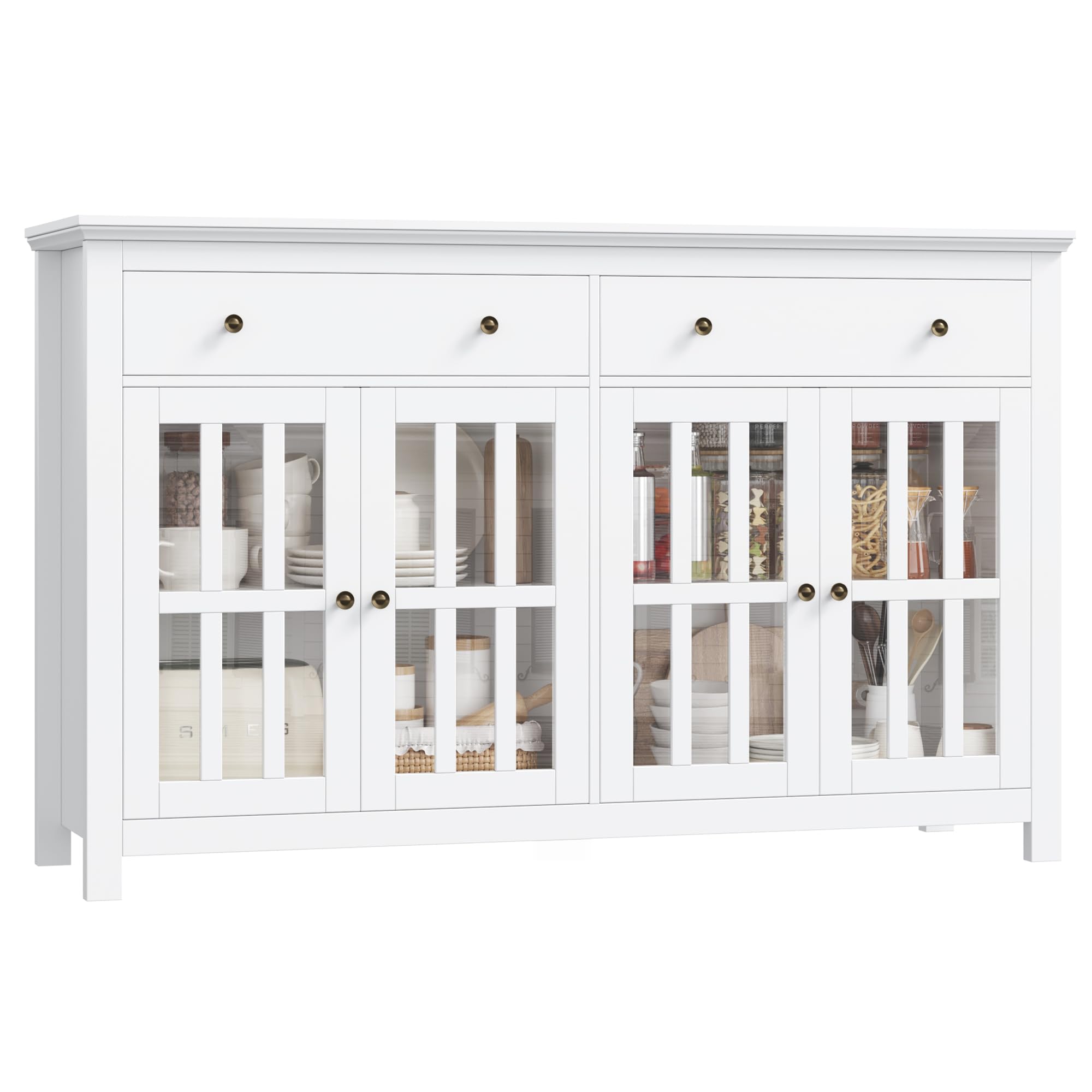 FirFurd Mobile Cucina, Credenza Soggiorno con 4 Ante in Vetro, Buffet Mobile Moderno con 2 Cassetti Ripiani Regolabili o Rimovibili, per Cucina, Soggiorno, Sala da pranzo, 140x40x90.7cm, Bianco