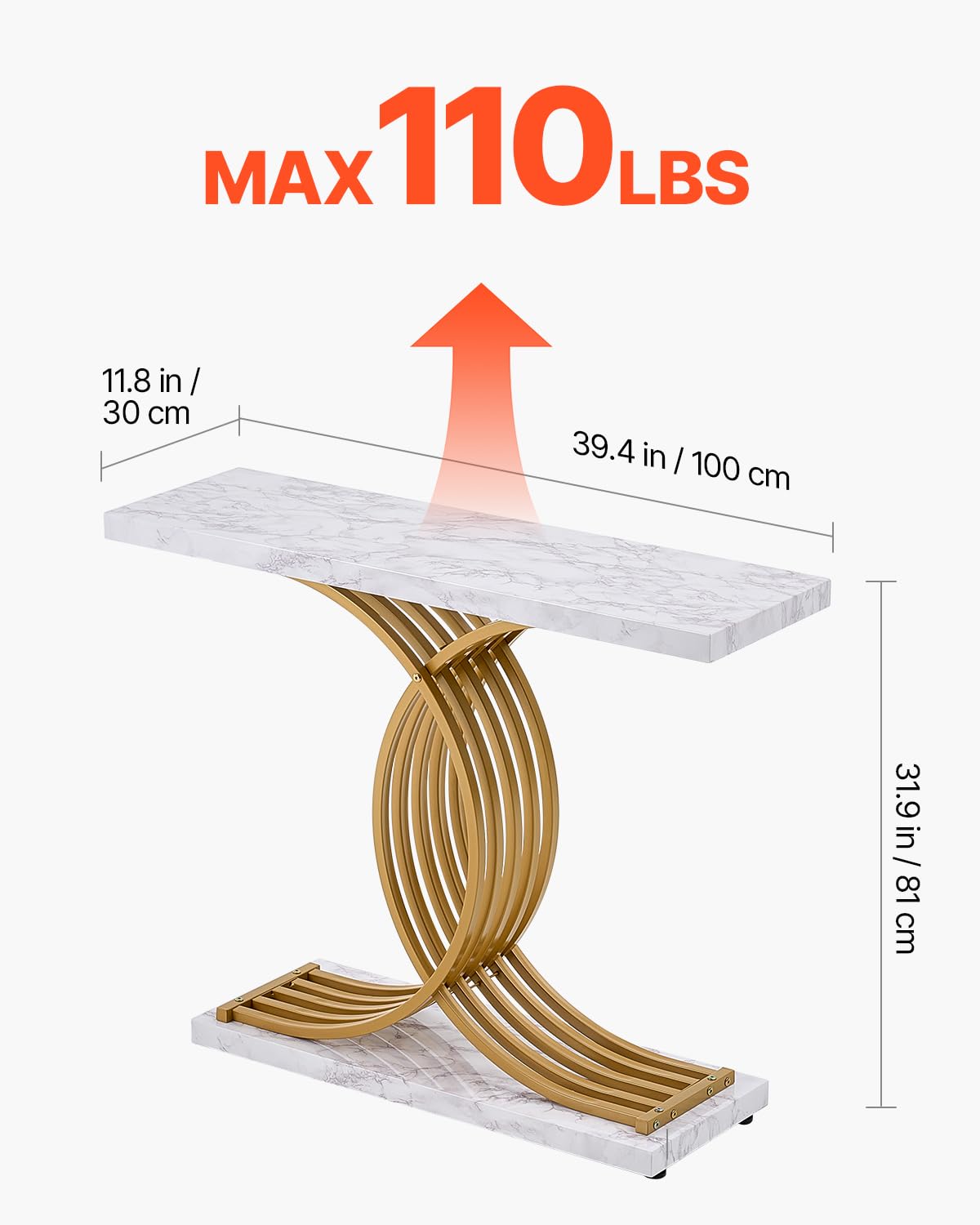 VEVOR Table Console étroite pour canapé, 100 x 30 x 81 cm, Table d'entrée Longue à 1 Niveau, Console Meuble avec Cadre en métal, pour Couloir, Salon et Chambre à Coucher, Imitation marbre Blanc