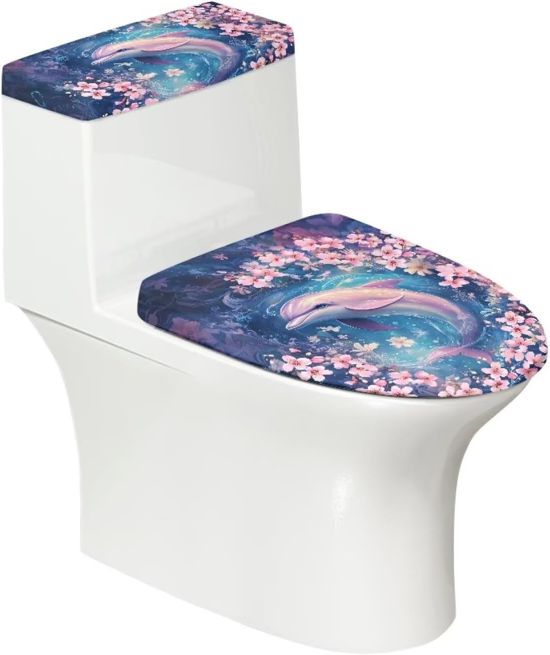 ZOUTAIRONG Toilet Lid Cover and Tank Cover for Bathroom Cherry Blossom Dolphin Print Toilet Covers Set Washable Home Decorations
